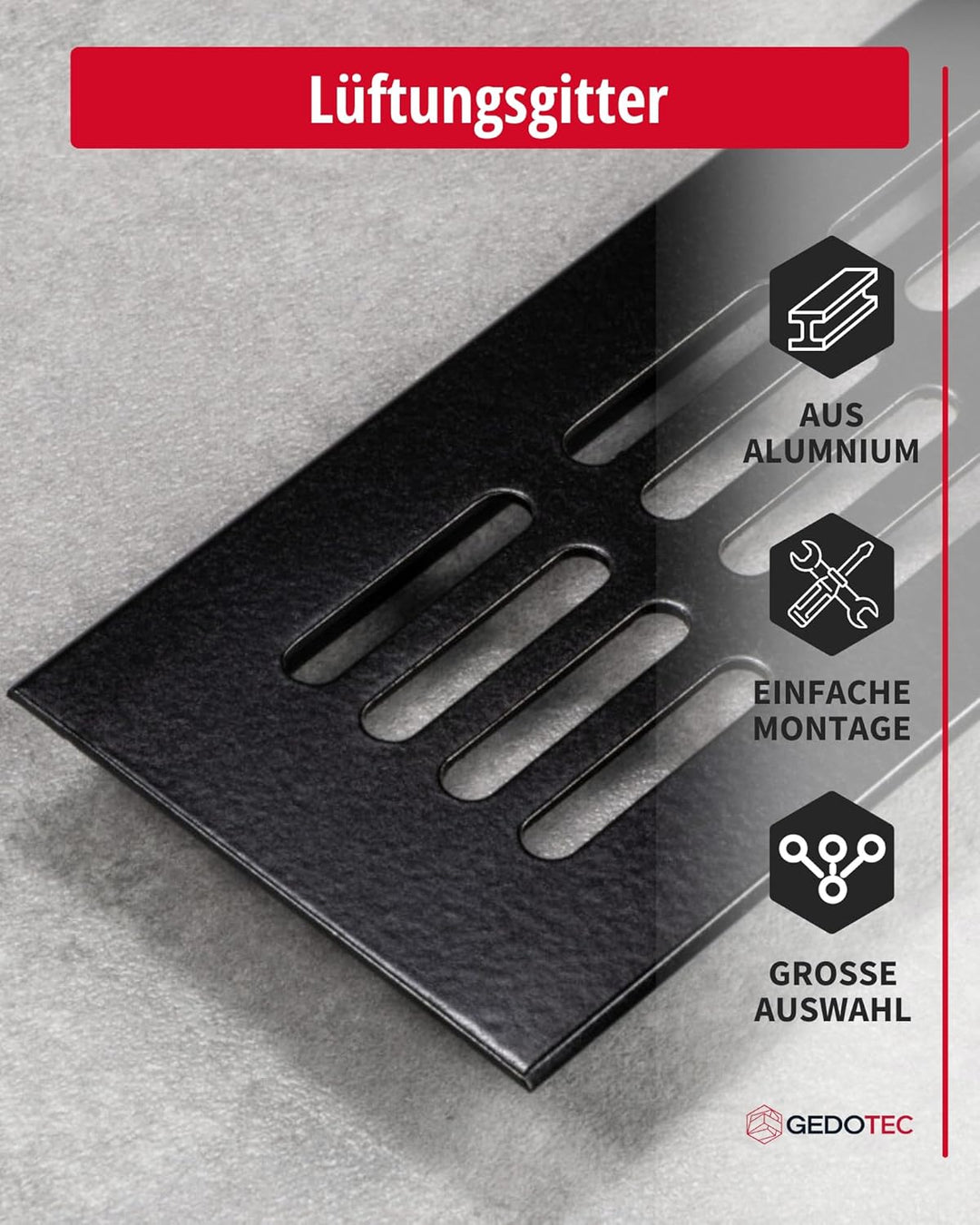 Gedotec Lüftungsgitter rechteckig aus Aluminium - 1 Stück Abluftgitter Schwarz Matt - Heizungsgitter