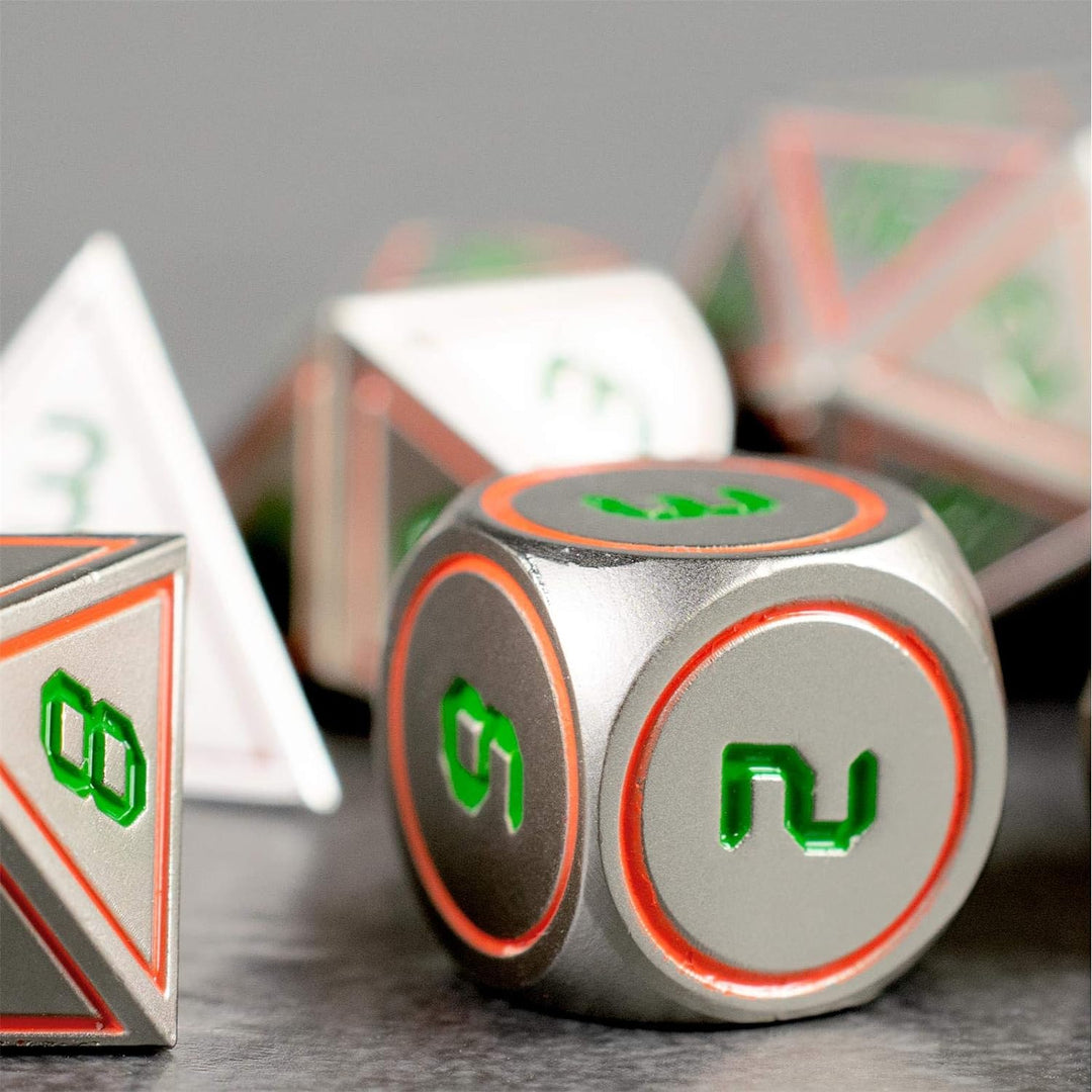 shibby 7 polyedrische Metall-Würfel für Rollen- und Tabletopspiele in Digital Optik D3 inkl. Aufbewa