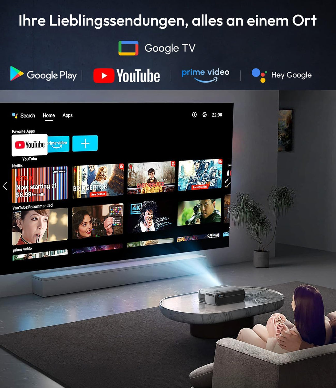 4K Beamer Google TV Ultra HD Smart Beamer 4K Heimkino mit HDMI ARC HDR10+1400 ANSI Led Video Tragbar