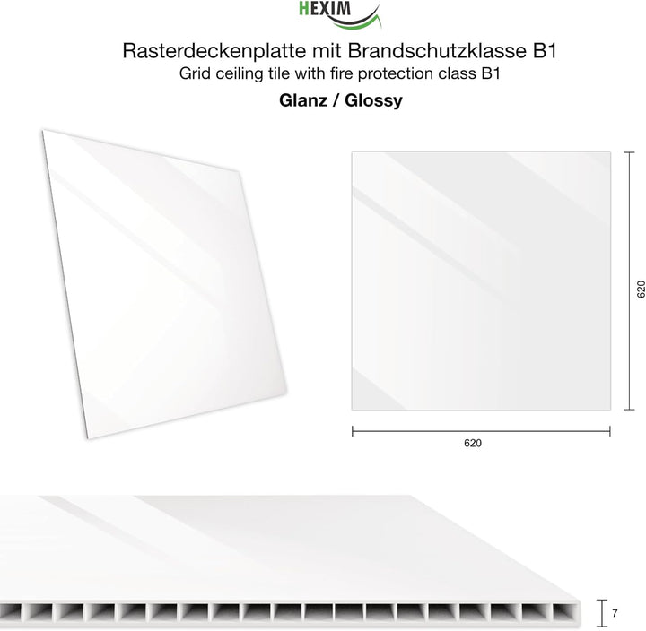 HEXIM Rasterdeckenplatte 62x62cm (20 Platten) Kunststoff Deckenplatte weiss glanz schwer entflammbar