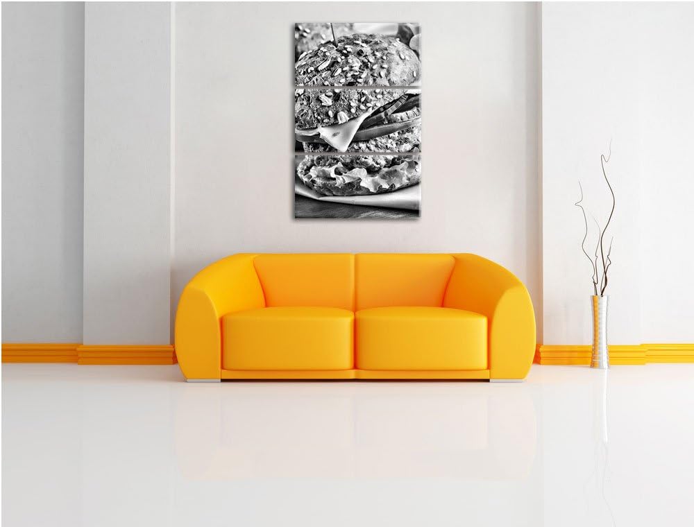 Pixxprint Monocrome, Köstlicher Hamburger 3-Teiler Leinwandbild 120x80 Bild auf Leinwand