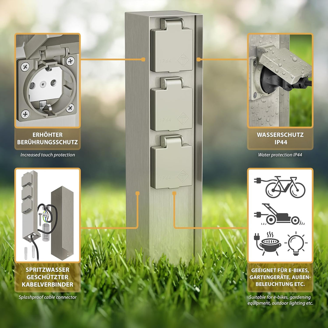 ledscom.de Garten-Steckdosen-Säule POMI mit Erdspiess für aussen, IP44, 3-Fach, Edelstahl, eckig, 33