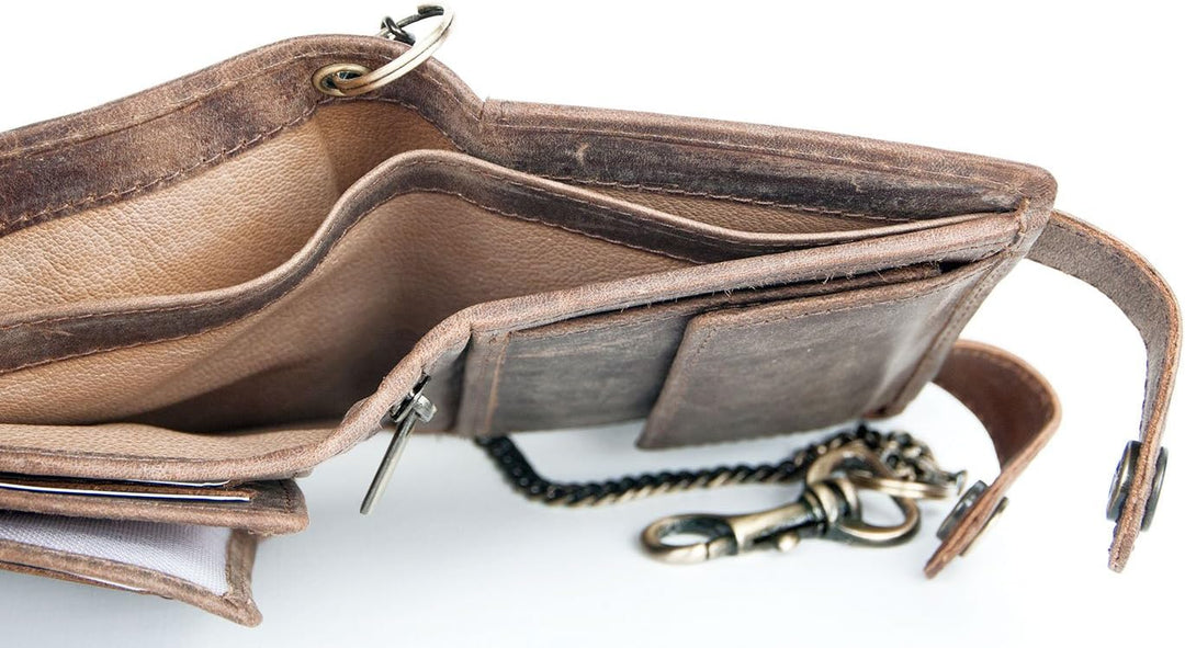 FLW Herren Brieftasche aus echtem Leder mit Kette und zwei Schnallen