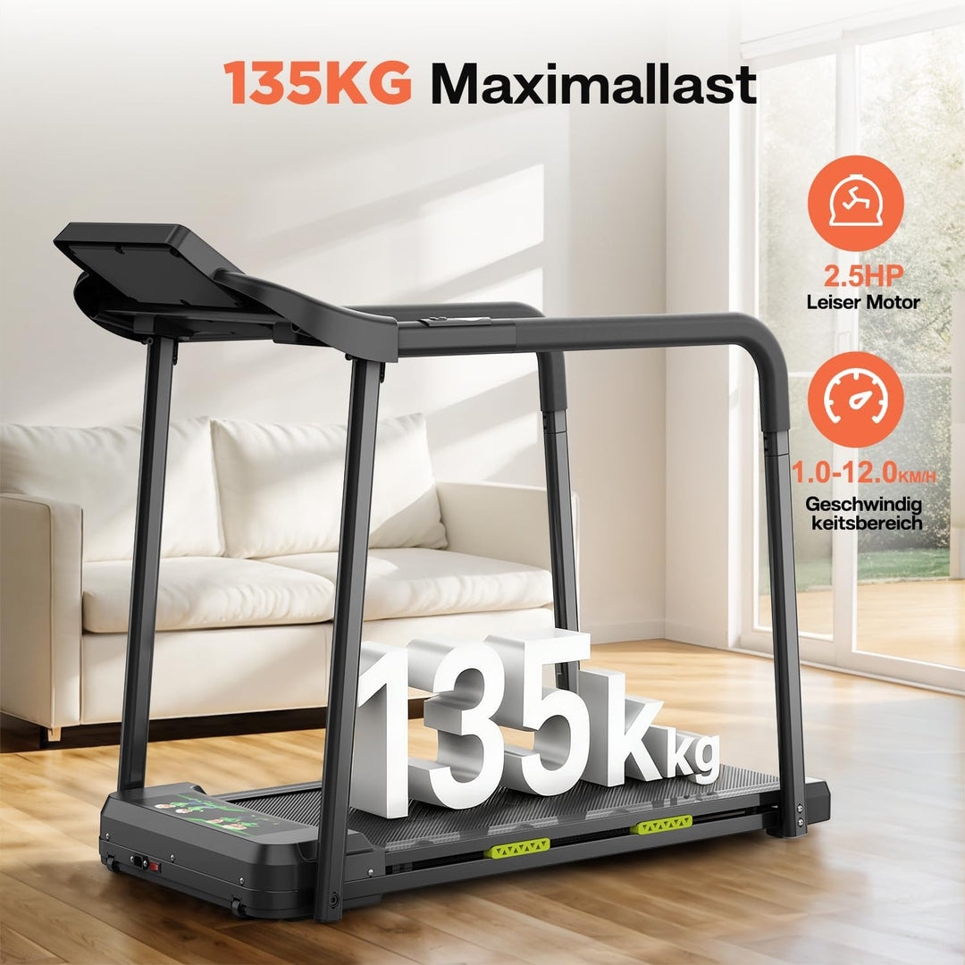 Walking Pad für Senioren, Klappbares Laufband mit Haltegriff &amp; App, Elektrisches Laufband bis 135kg,