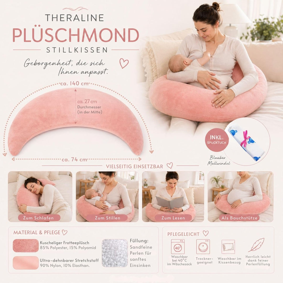 Set Theraline Plüschmond Stillkissen, Bauchstützkissen &amp; Spucktuch Blaubär | Schmusekissen und Lesek