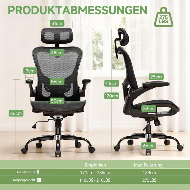 GTPLAYER Bürostuhl Ergonomisch, Schreibtischstuhl mit Verstellbarer Kopfstütze, Armlehnen, Lendenwir