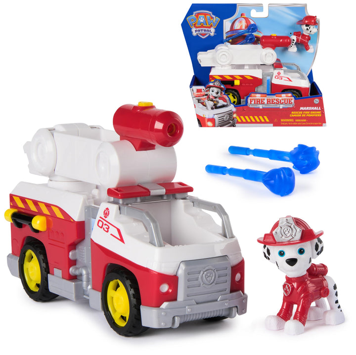 PAW PATROL – Fire Rescue Marshalls Feuerwehr-Fahrzeug mit Löschspritze und Marshall Hundefigur, Spie