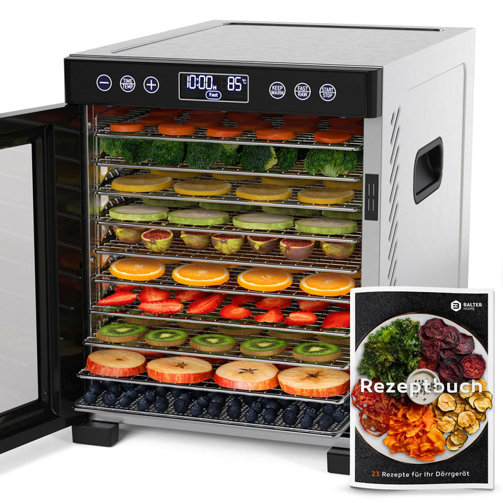 Balter Dörrautomat Edelstahl, Dörrgerät mit 10 Einlegefächern, BPA-frei, 700W, 8400 cm² Dörrfläche,