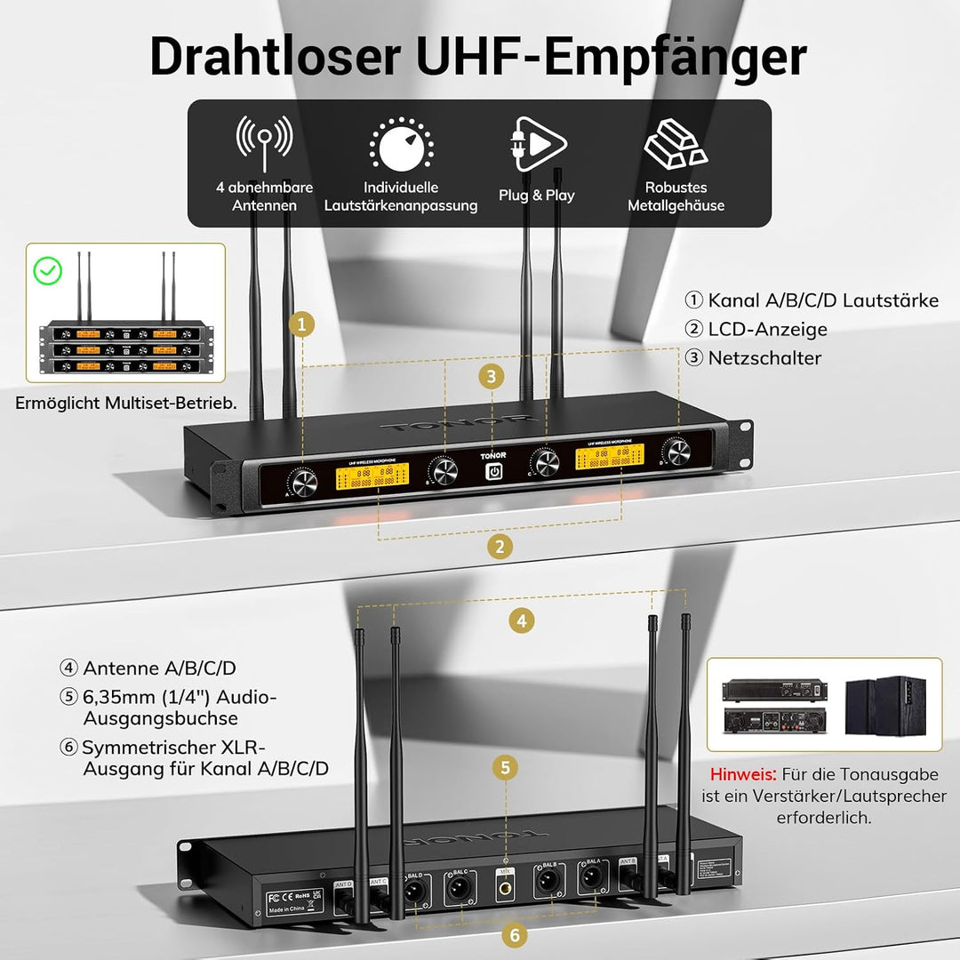 TONOR 4-Kanal UHF Mikrofon Kabellos Set mit 4 Bodypack Transmitter/Headset/Lavalier Wireless Microph