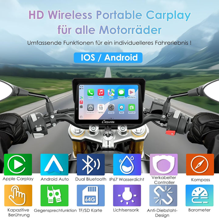 W702S Pro Motorrad Carplay Bildschirm mit BM05 Halterung für Plug-and-Play, Kabellos CarPlay & Andro