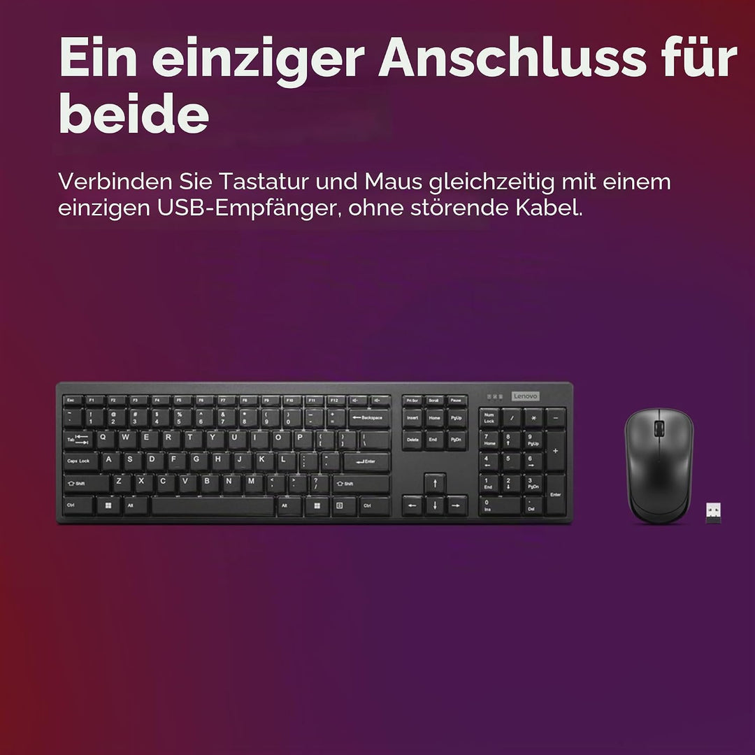 Lenovo 100 Combo Kabellose Tastatur und Maus, 2,4 G (optischer Sensor, 1600 DPI, Nano-USB-Empfänger,