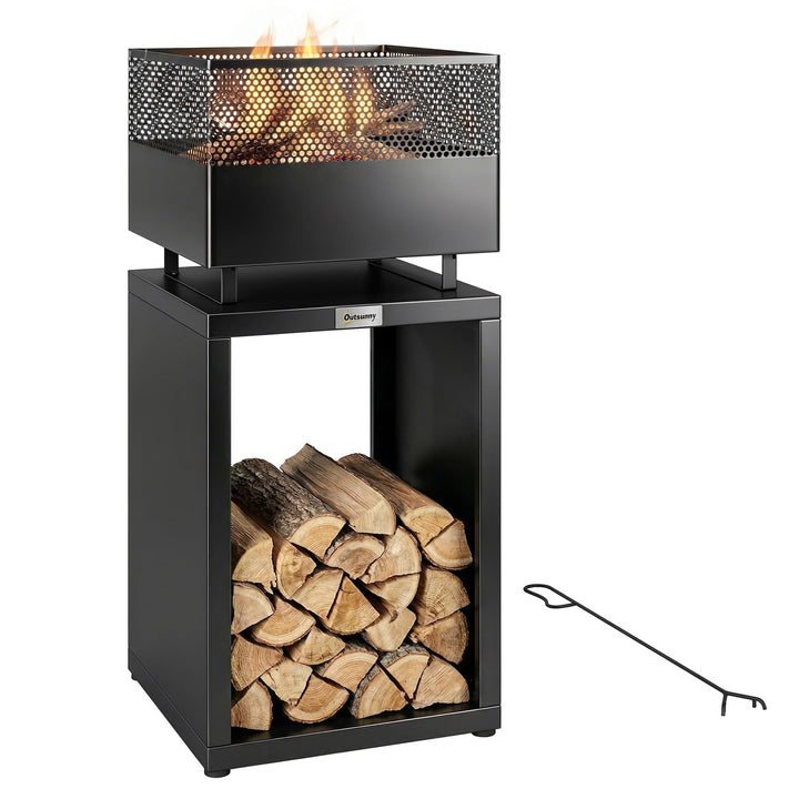 Outsunny Feuerschale 39 x 39 x 87 cm Feuerstelle mit Holzlager Kohlegitter verstellbaren Füssen, Feu