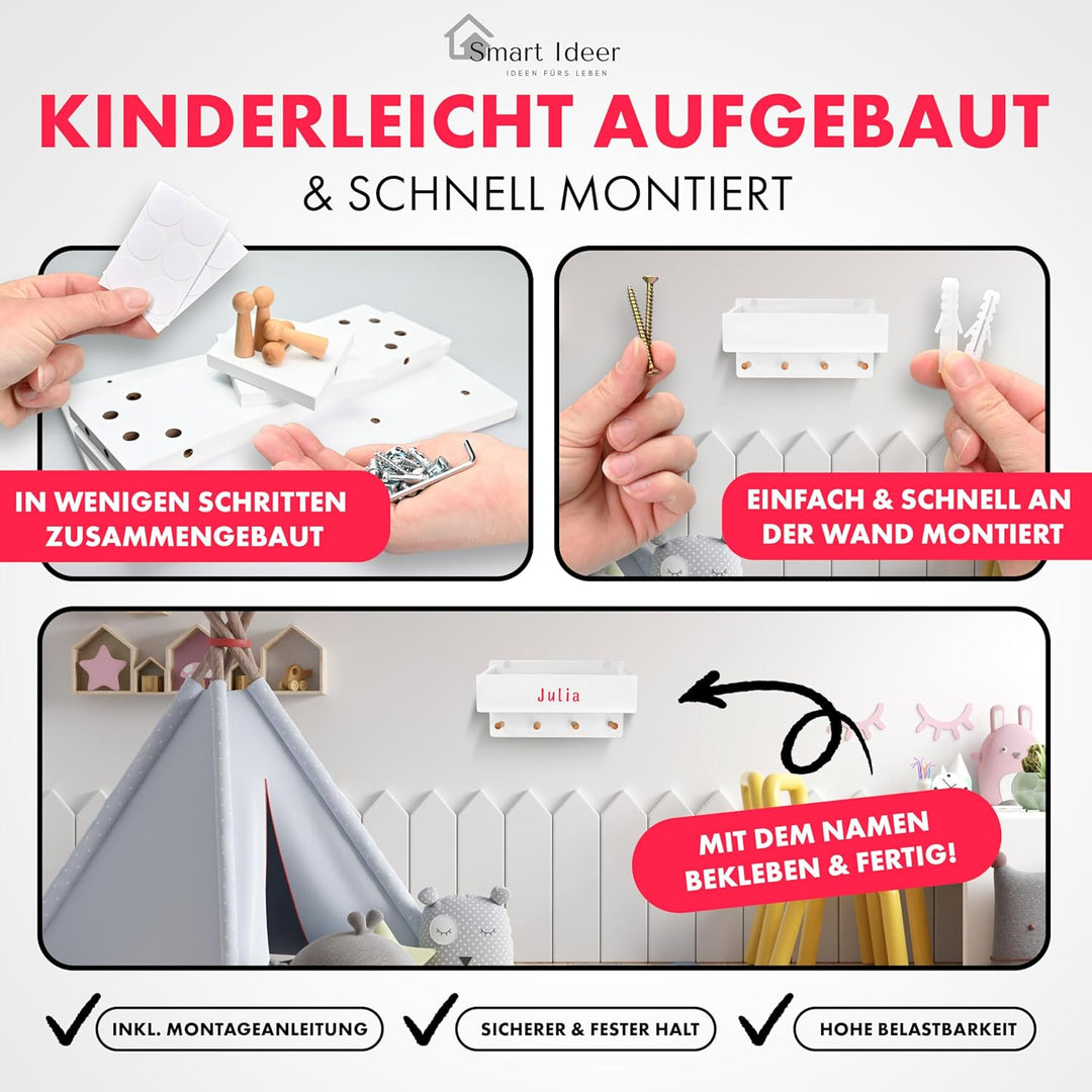 Smart Ideer - Kindergarderobe mit Ablage - Individuell mit selbstklebenden Buchstaben - Wandgarderob