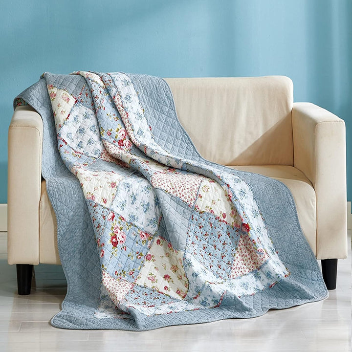 VIVILINEN Blaue Baumwolle Patchwork Quilt Gesteppte Tagesdecke Überwurf Decke für Couch Twin Grösse