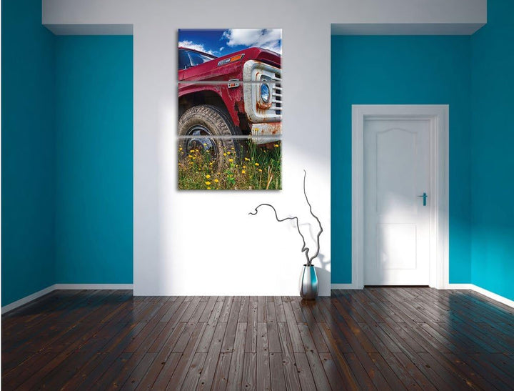 Pixxprint USA Truck auf Blumenwiese 3Teiler 120x80 cm Leinwandbild Wandbild Kunstdruck