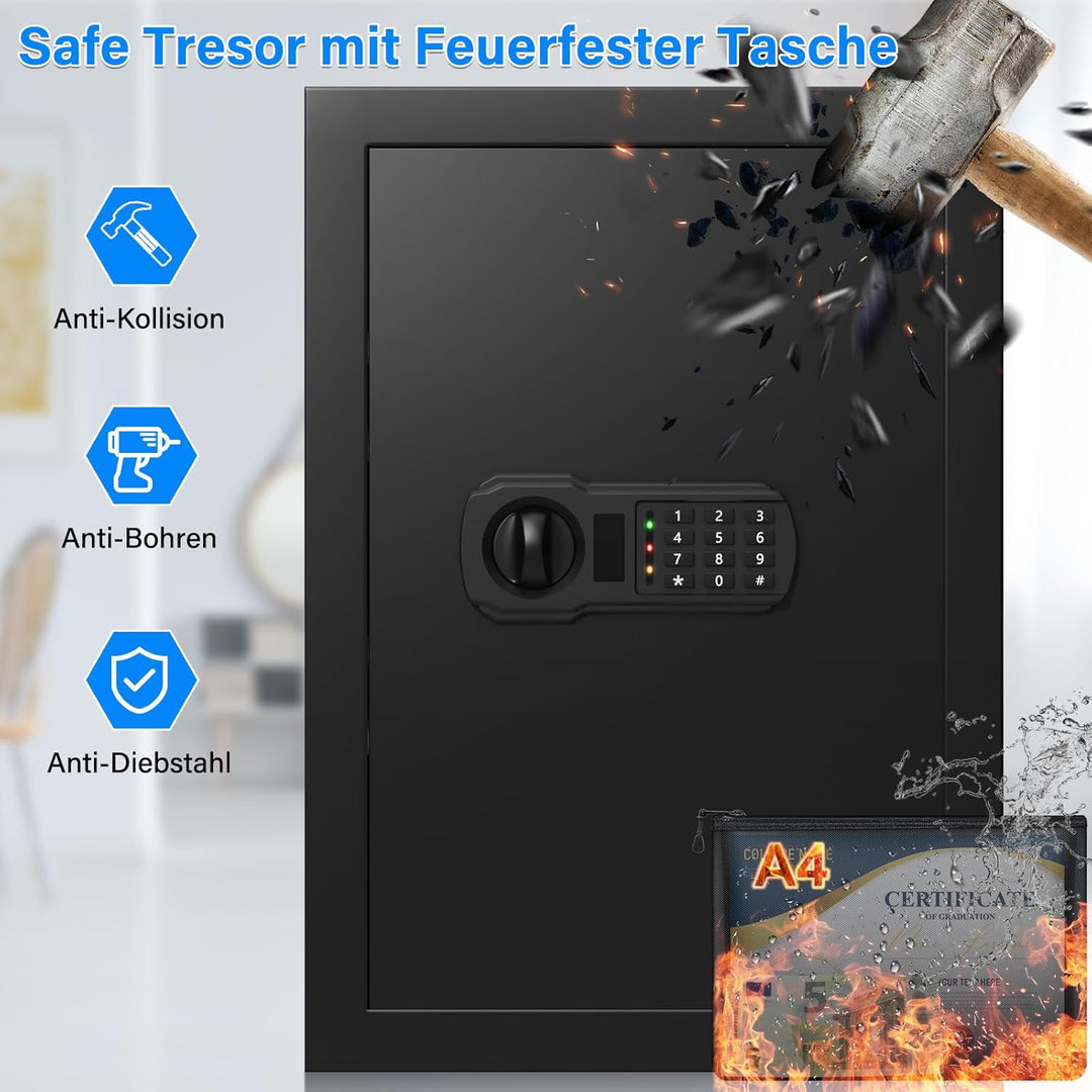 65L Grosser Feuerfester Tresor Safe mit Feuersichere Dokumententasche, Digitaler Möbeltresore mit 2