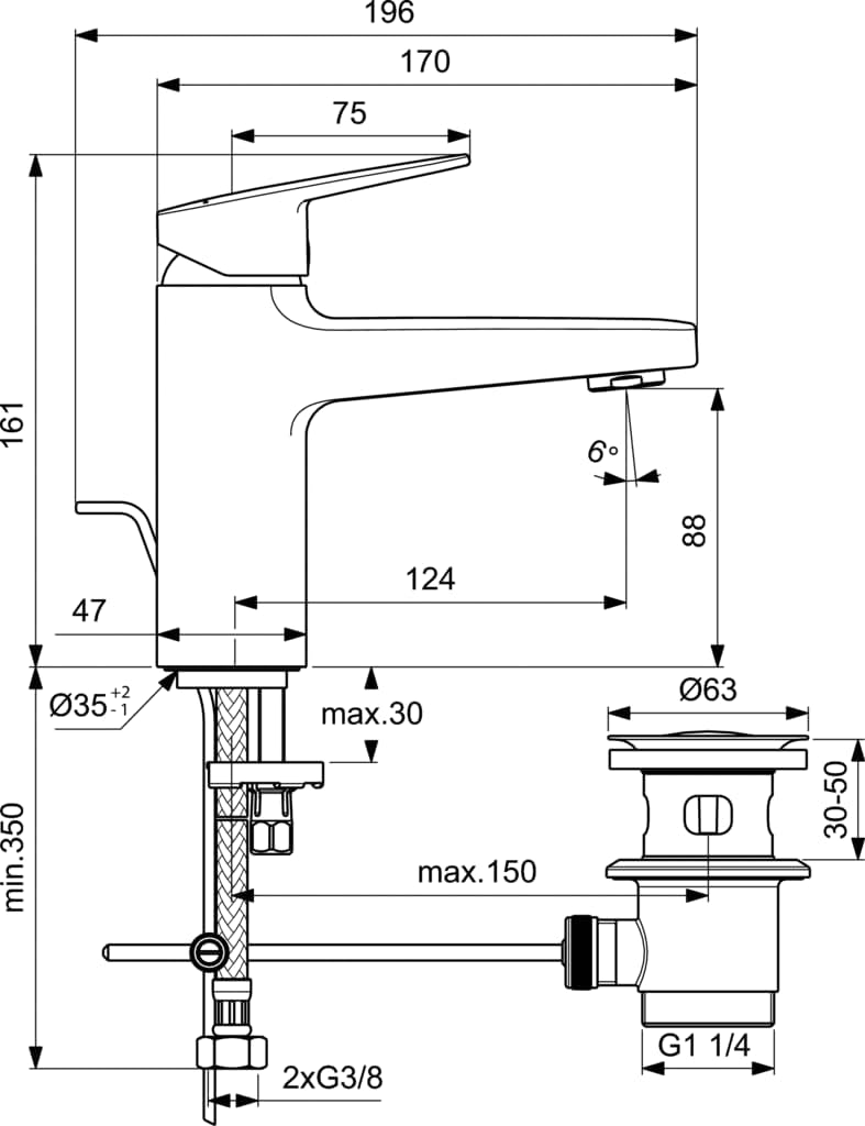 Ideal Standard BD276AA Ceraplan Waschtischarmatur mit Zugknopf-Ablaufgarnitur Auslaufhöhe 88mm EasyF