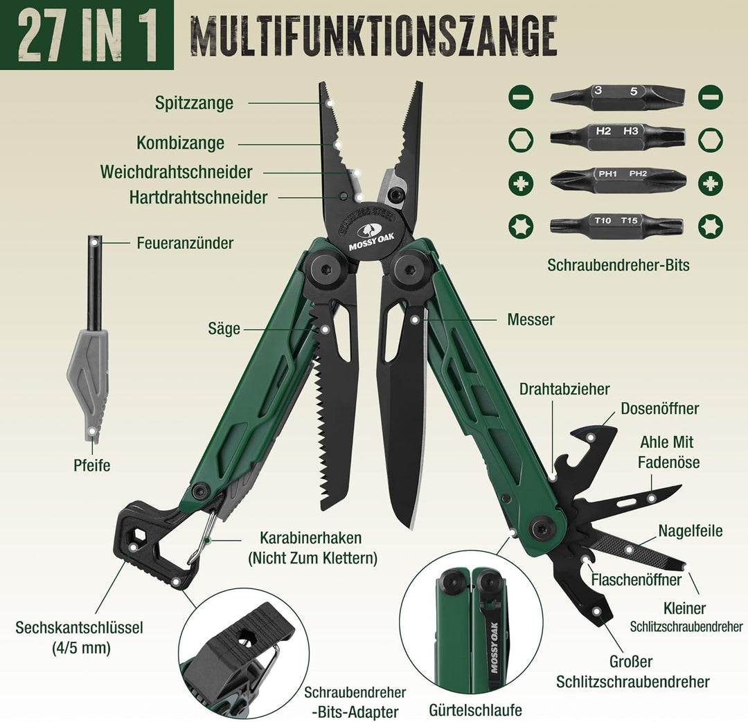 Mossy Oak Multifunktionszange, 27-in-1 Multitool Werkzeug, Faltbares Edelstahl Multifunktionswerkzeu