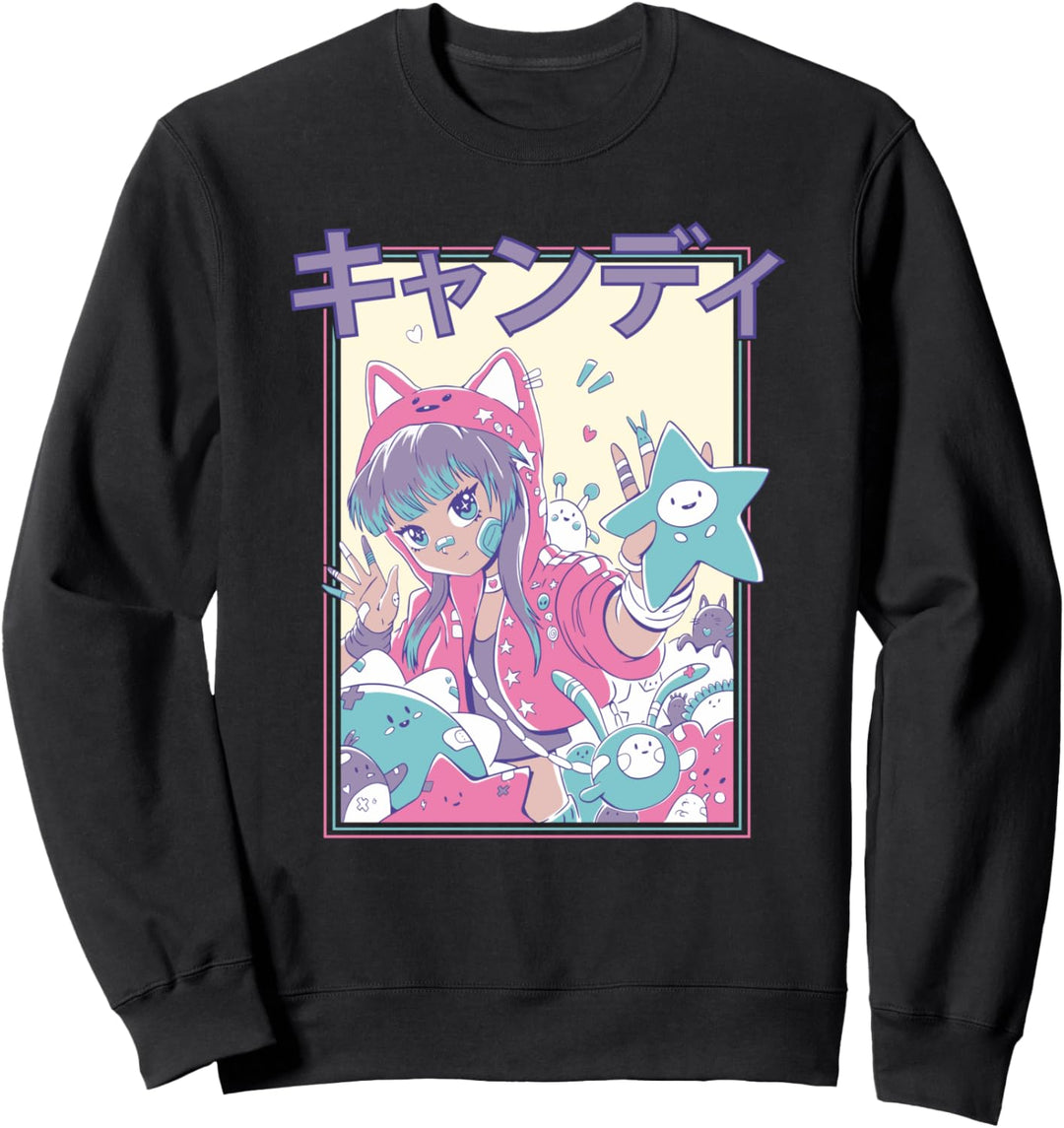Pastell Anime Mädchen mit Plüsch, süsse japanische Grafik Sweatshirt