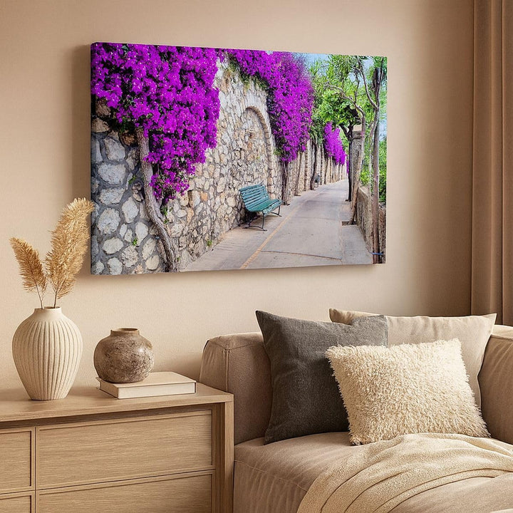 Bilder auf Leinwand 100x70cm Leinwandbild Pflanzen Bank Strasse Sommer Gross Wanddeko Bild Schlafzim
