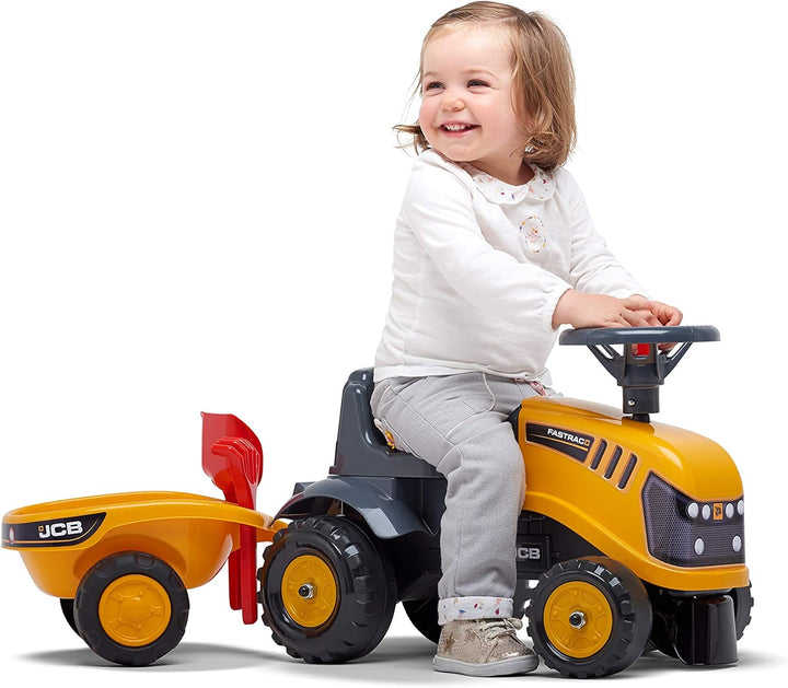 Falk – Baustellenwagen JCB mit Anhänger – ab 12 Monaten Schaufel und Rechen inklusive – 2 Styles zur