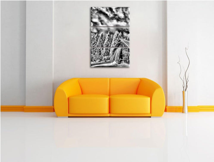 Pixxprint Monocrome, Holzhütte im Schnee 3-Teiler Leinwandbild 120x80 Bild auf Leinwand