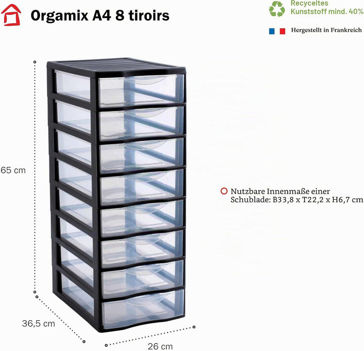 SUNDIS Orgamix, schubladenbox aus Kunststoff, 8 transparente Schubladen im A4-Papierformat, Höhe 65