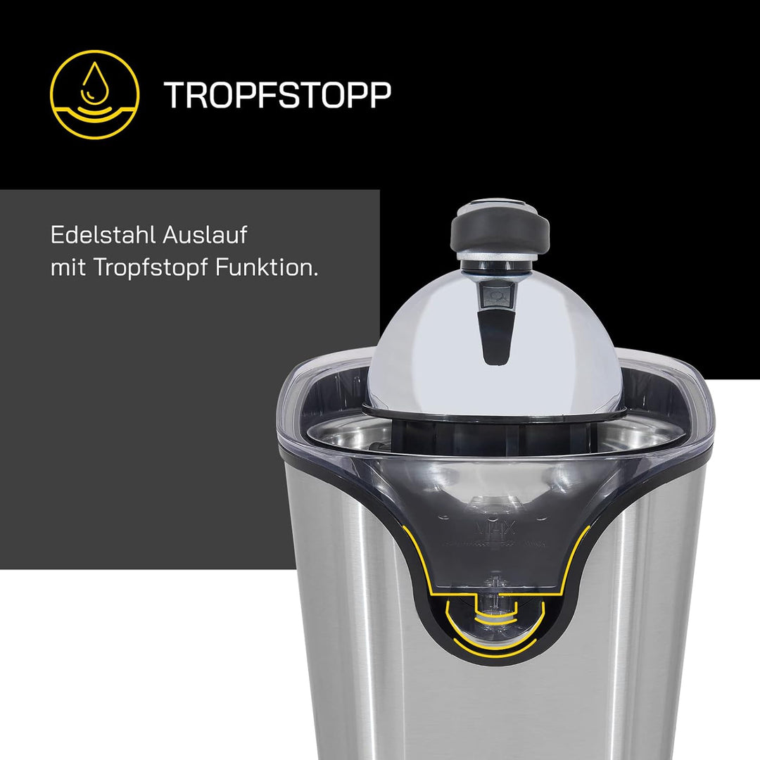 Zitruspresse JUICE 3020 | Edelstahl Auslauf | Zwei Pressaufsätze | Edelstahloberfläche | 100 Watt |