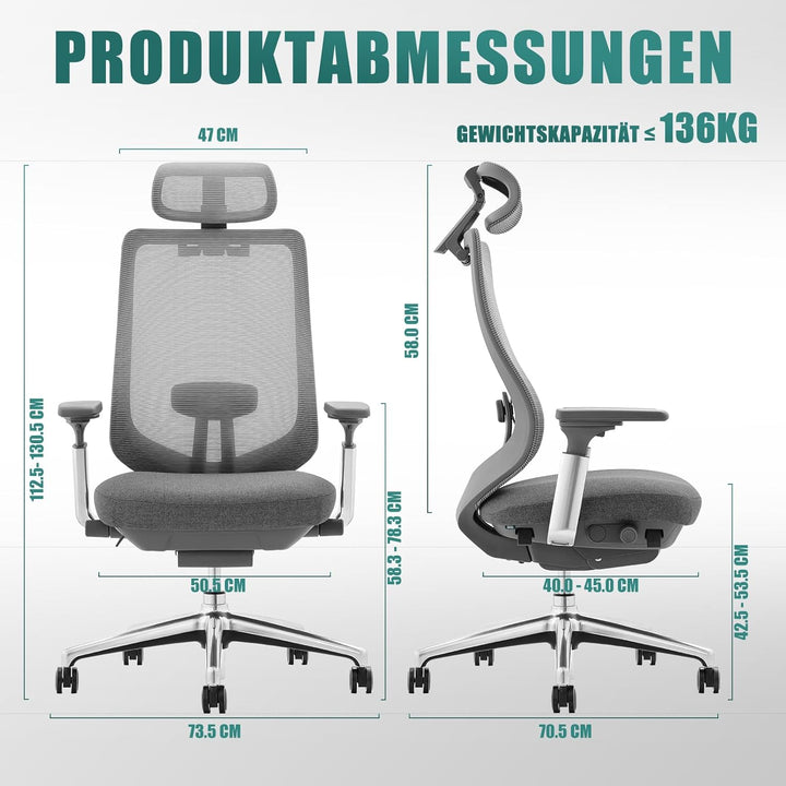 COLAMY Ergonomischer Netz-Bürostuhl, Hochleistungs-Computer-Chefschreibtischstuhl mit verstellbarem