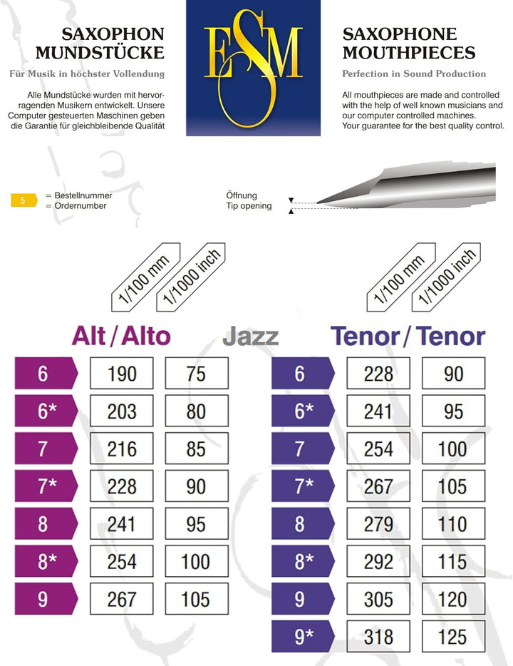 ESM® Schreiber Jazz Mundstück für Tenorsaxophon - mit Metallring (Bahnöffnung 6) - Made in Germany