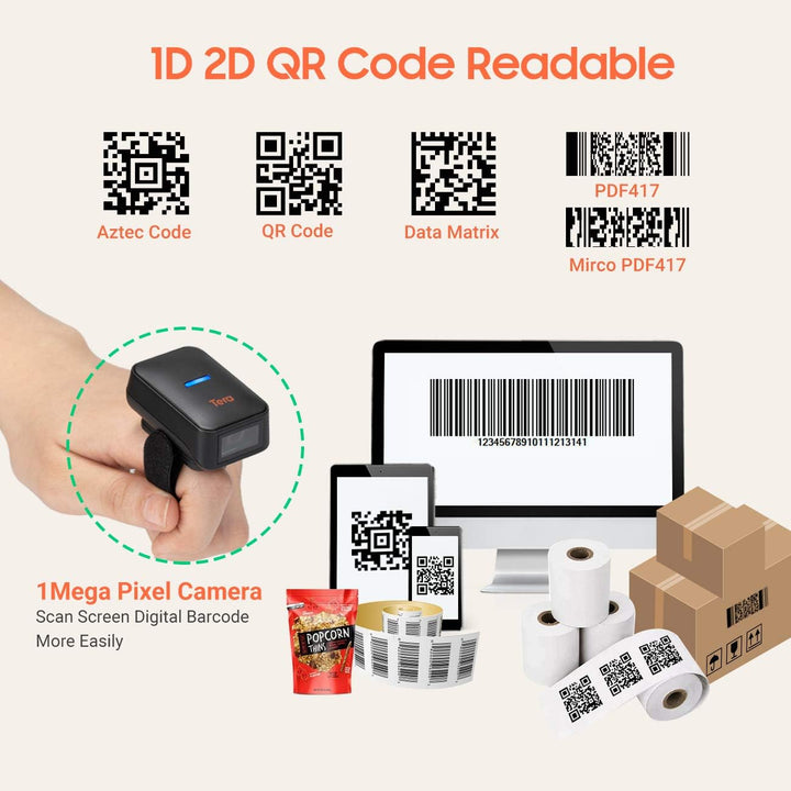 Tera Pro Series Mini CMOS Ring Barcode Scanner 1D 2D QR Barcode Scanner Wireless Bluetooth &amp; Wireles