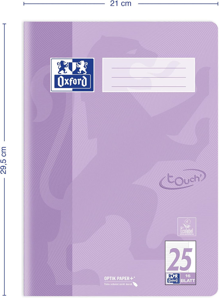 Oxford Schulheft A4 Touch, 16 Blatt, Lineatur 25, liniert, pastell flieder, 15 Stück, Lineatur 25