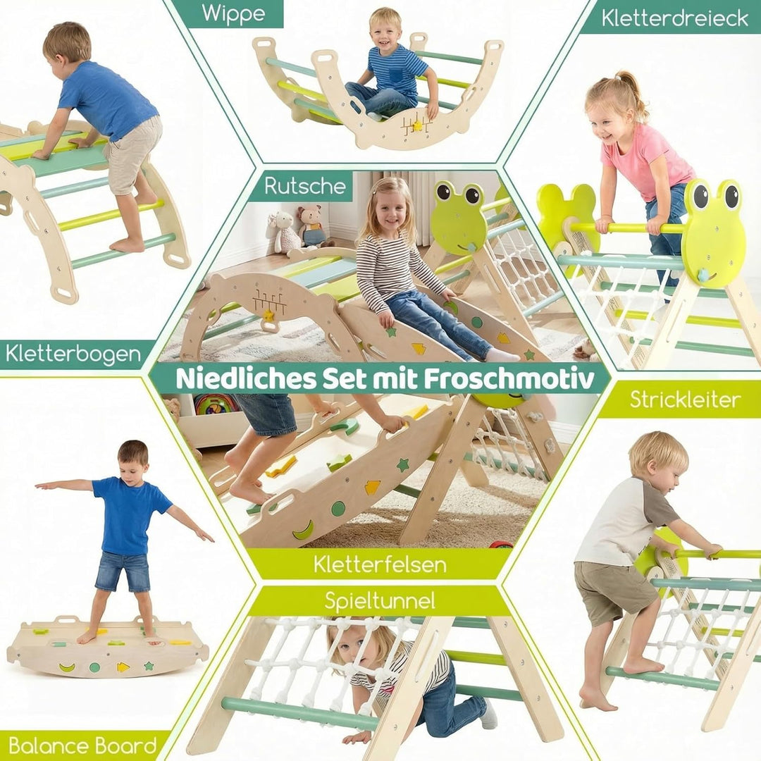 COSTWAY Klettergerüst Indoor 3er Set, klappabres Kletterdreieck mit Rutsche, Kletterbogen, Netz, ink