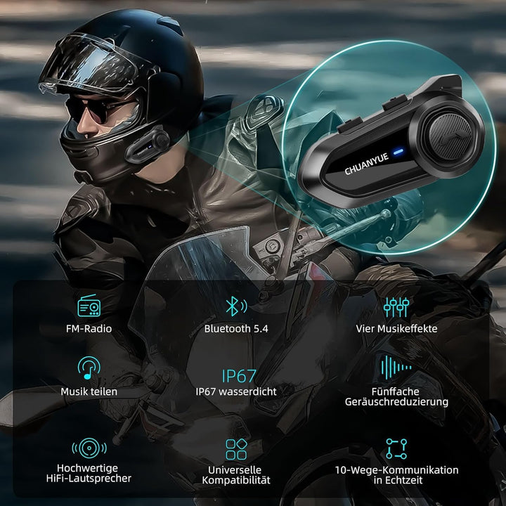 CHUANYUE R18 Motorcycle Headset with Intercom, Motorradhelm Kommunikationssystem für bis zu 10 Motor
