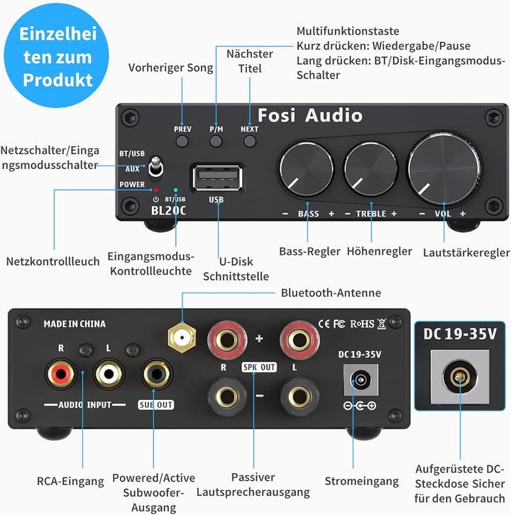 Fosi Audio BL20C HiFi Verstärker 320 Watt, Bluetooth 5.0 Mini 2.1 CH Klass-D TDA7498E Integrierter,