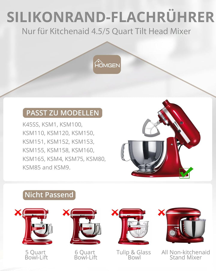 HOMGEN Flachrührer-Aufsatz aus Edelstahl für KitchenAid 4,5-5 Quart Kitchenaid Standmixer mit kippba