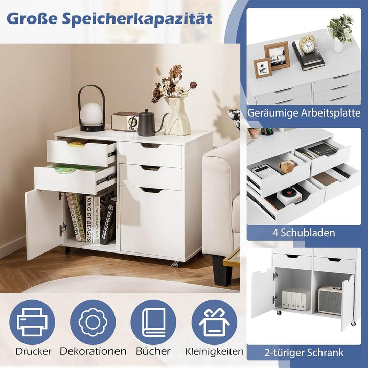 COSTWAY Rollcontainer mit 4 Schubladen & 2 Türen, mobiler Aktenschrank mit Rollen, Schreibtisch Unte