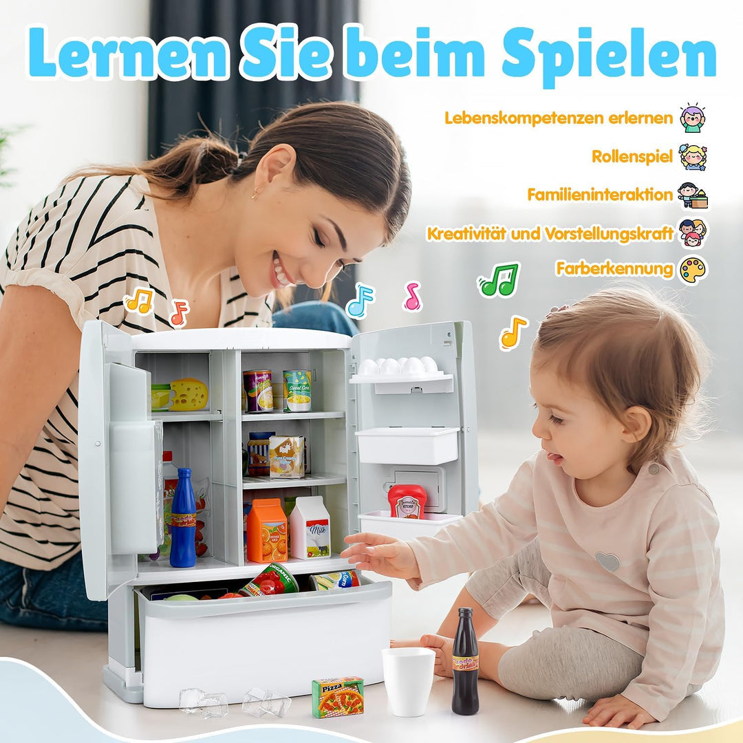 PLAY Küche Kinder Kühlschrank Spielzeug mit Eisspender, Spielküche Zubehör Set mit Kinderkühlschrank