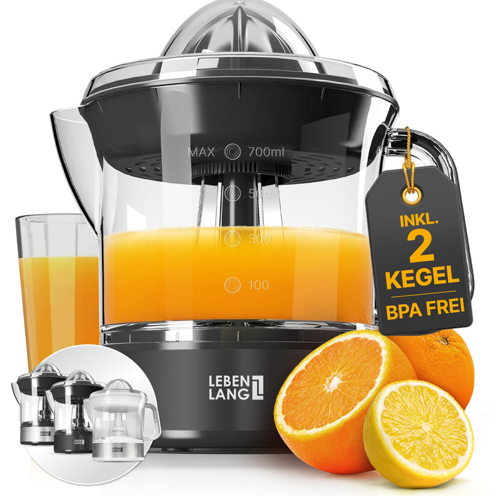 LEBENLANG Zitruspresse elektrisch - 2 Kegel & BPA-Frei I Hohe Saftausbeute I 700ml Orangenpresse ele