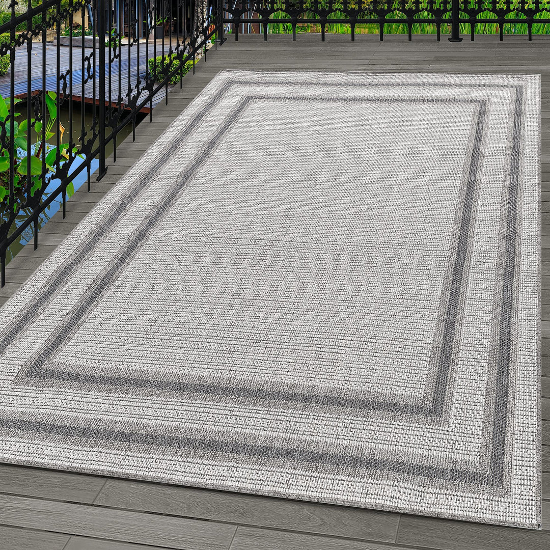 In- & Outdoor Teppich Robuster, Modern Bordüre Design, Rechteckig, Creme und Grau Farbe, Flachgewebe