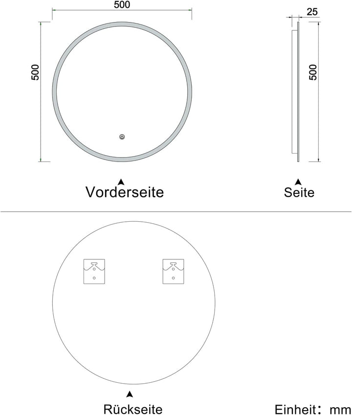 Aica Sanitär LED Spiegel Rund 50 cm Kalt/Neutral/Warmweiss, dimmbar, Memory Funktion, Wandschalter/T