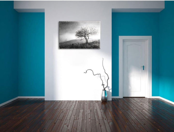 Pixxprint Baum in Landschaft Kohle Effekt, Format: 100x70 auf Leinwand, 100x70