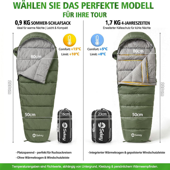 Sekey Schlafsack Erwachsene, Mumienschlafsack mit Anti-Klemm-Reissverschluss, Wasserabweisend & Reis