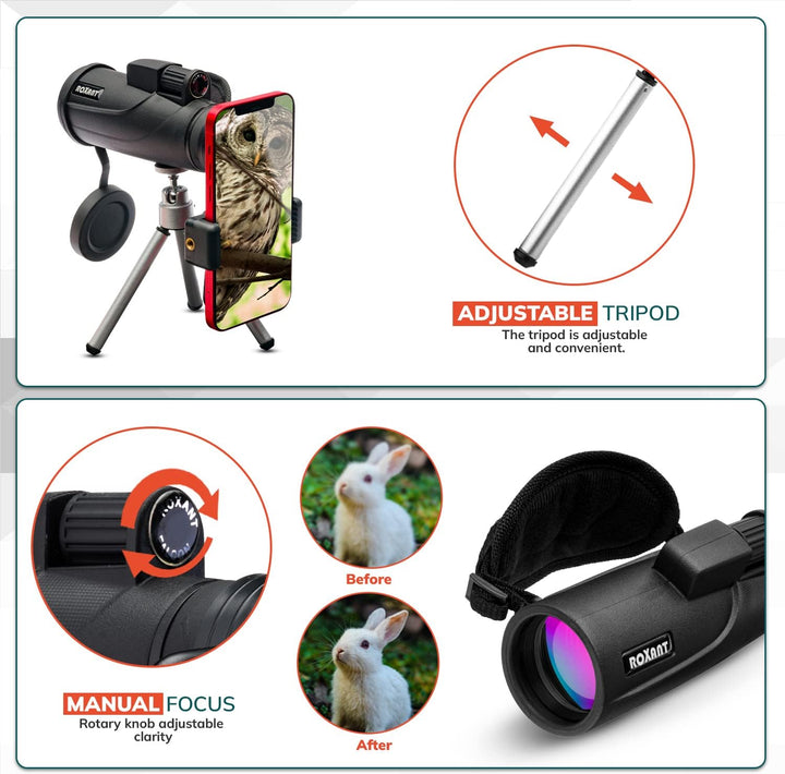 Authentic Roxant Falcon High Definition (One Finger Focus) Monocular + Phone Adapter, Mini Tripod, C
