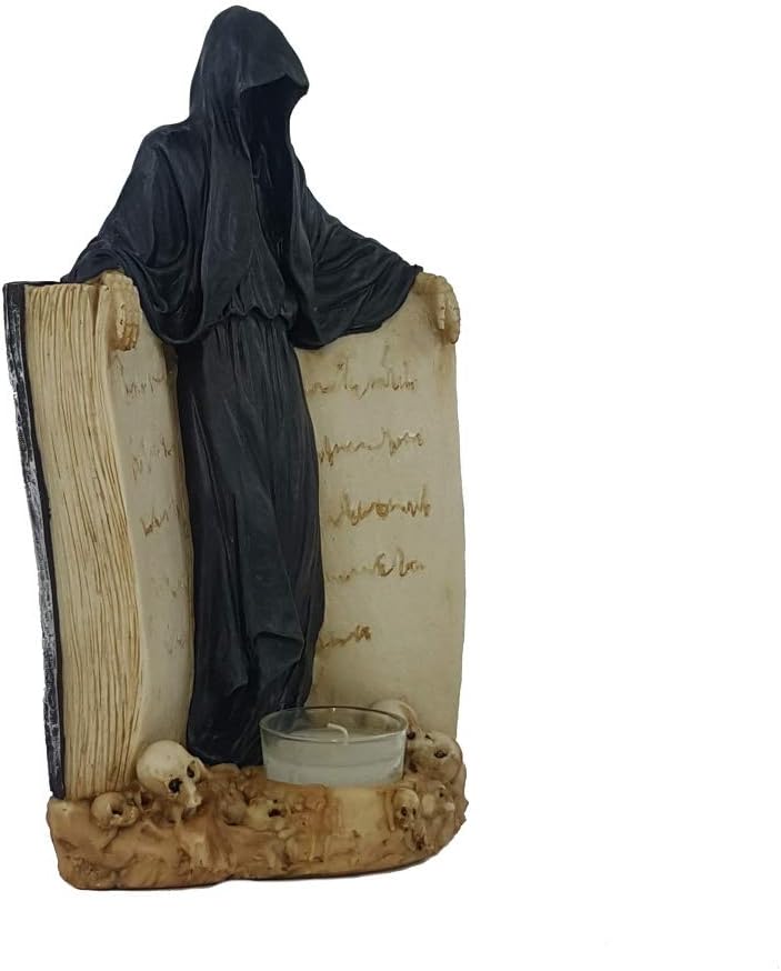 Teelichthalter Reaper mit Buch Gothic Figur Grusel Halloween Fantasy Deko Sensemann Vater Tod