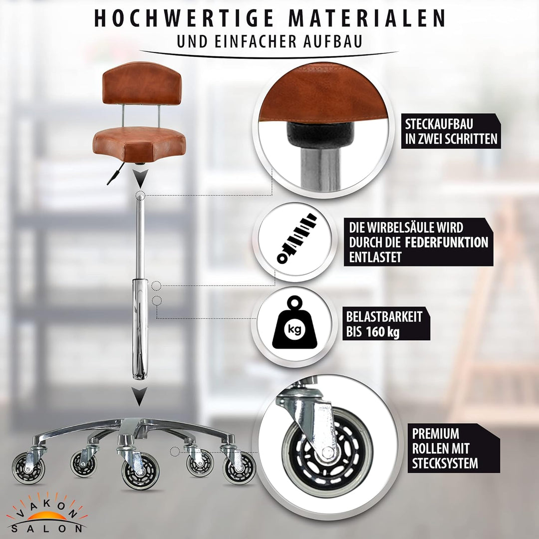 Ergonomischer Rollhocker mit Lehne in Hellbraun - Höhenverstellbarer von 55-75 cm - Premium Rollen -