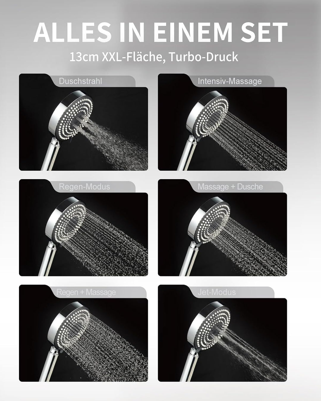 OFFO Duschkopf mit Schlauch 1,6m und Halterung, Handbrause mit Filter 6 Strahlarten, Duschkopf Gross