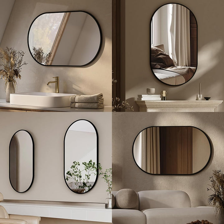 EMKE Badspiegel Oval 50 x 70 cm Spiegel mit Schwarzer Rahmen Wandspiegel Oval Horizontal/Vertikal Ba