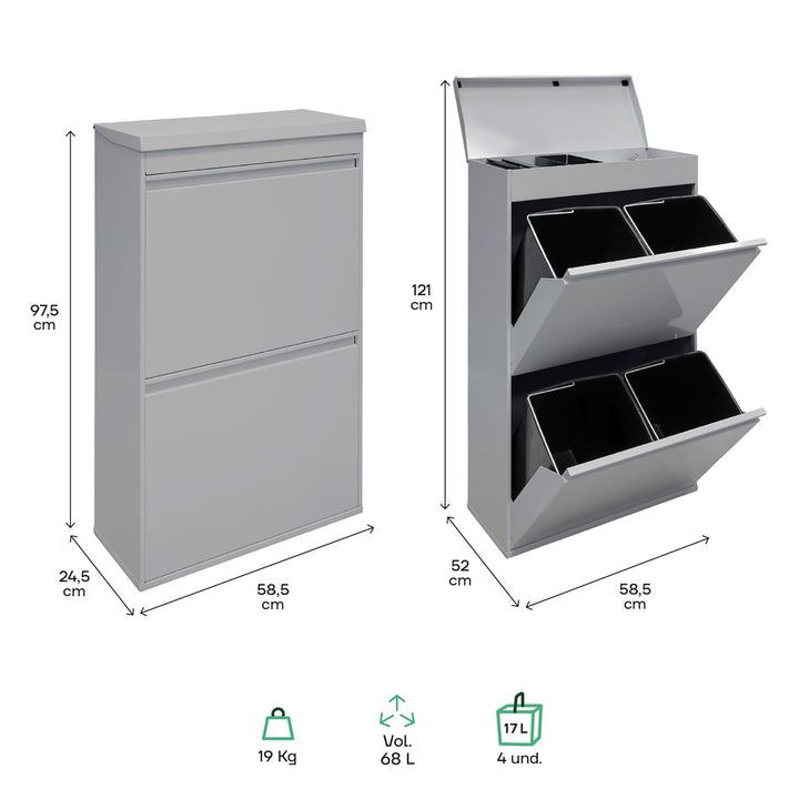 ARREGUI Top CR622-B Mülltrennsystem aus Stahl mit Aufbewahrungsbox mit Deckel | 4 Fächer Mülleimer f