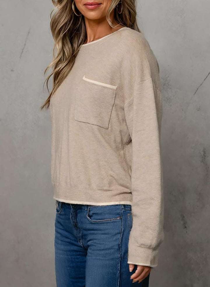 Dokotoo Pullover Damen Herbst Winter Strickpullover Rundhals Oberteil mit Brusttasche Langarm Warm P